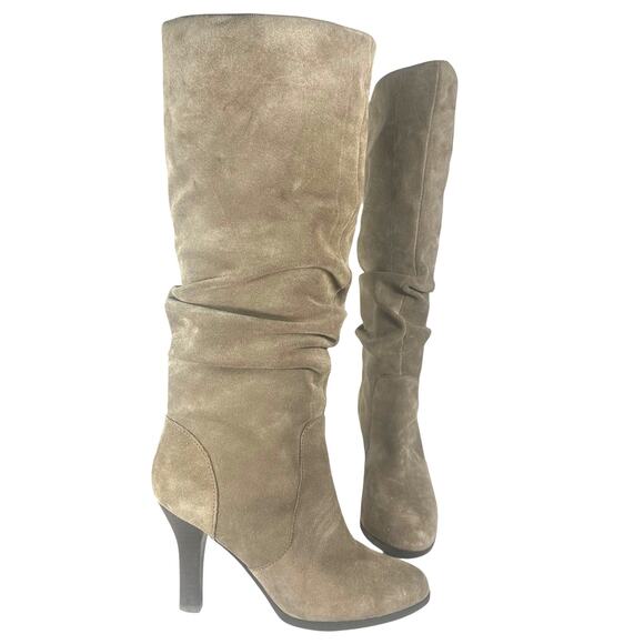 Sofft Suede Slouch Heeled Boots Size 7.5 Taupe Leather Tall High Heel Preloved - Picture 1 of 10
